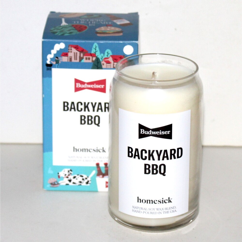 Budweiser Scented Candle Backyard BBQ homesick beer smoke white glass NEW